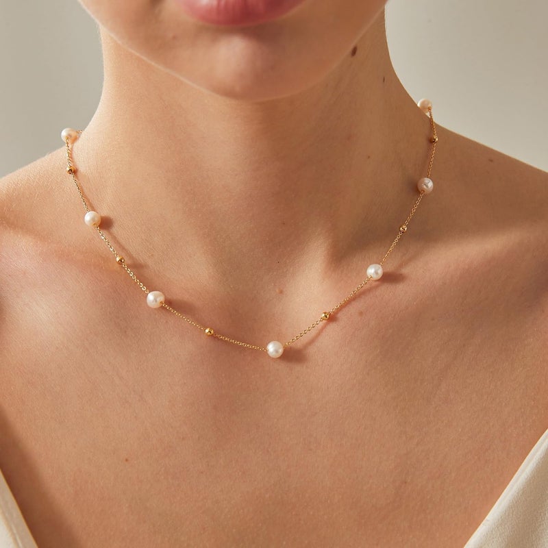 PRTGL Store Pearl Necklace: 14K Gold-Plated/White Gold-plated Pearl Necklace for Women 16.5” + 2” - Image 2